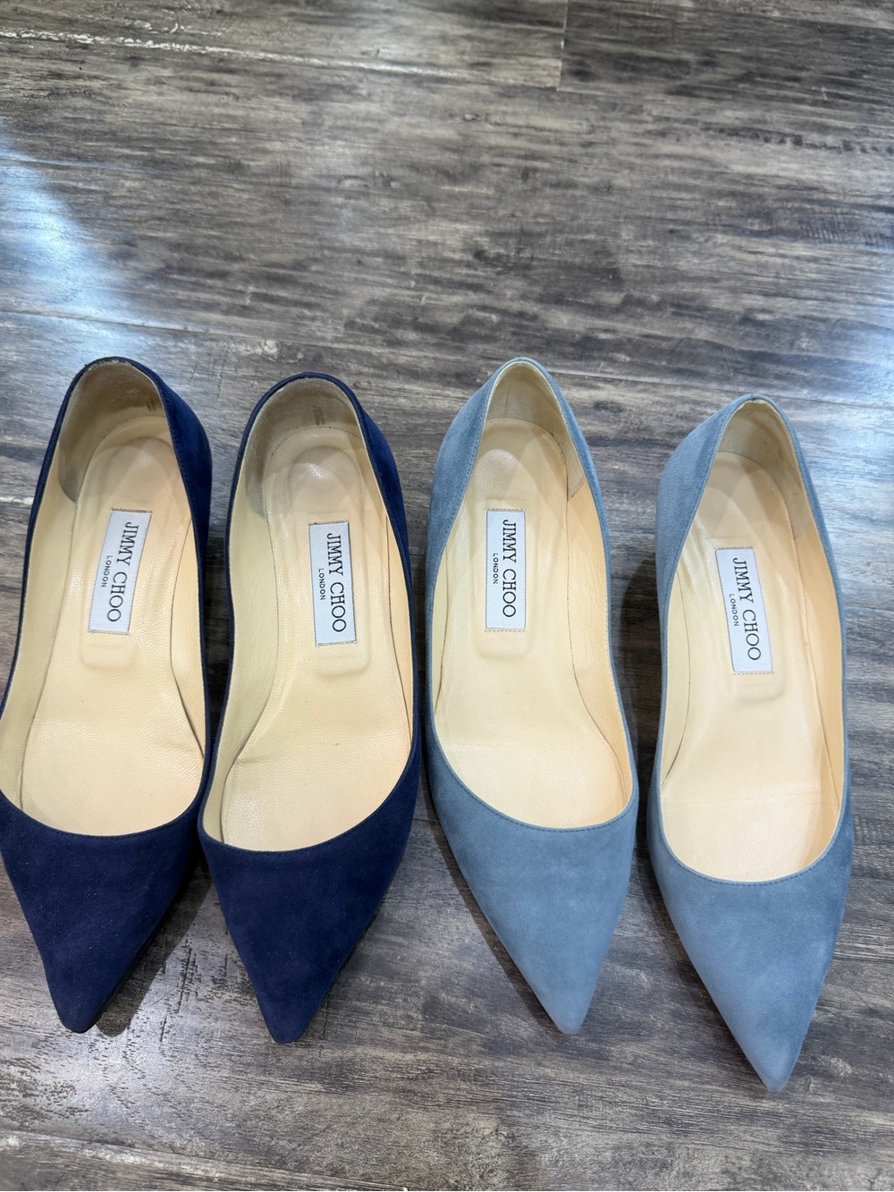Jimmy Choo Two-Tone Pointed Suede Pumps in Navy and Light Blue